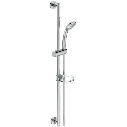 Brausekombination von Ideal Standard mit einer Handbrause an einer verchromten Wandhalterung und einem Ablagefach für Duschutensilien.